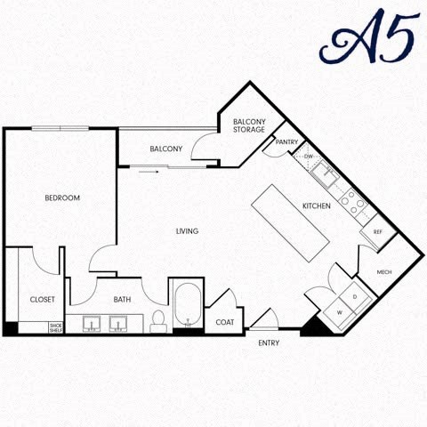 Floor plan for 1 bed, 1 bath, 827 sqft